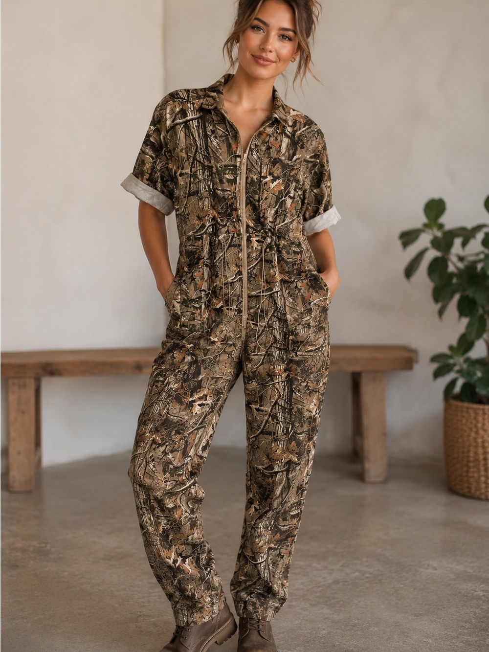 American Bazi Women's Camo Utility Jumpsuit in Brown & Green NWOT